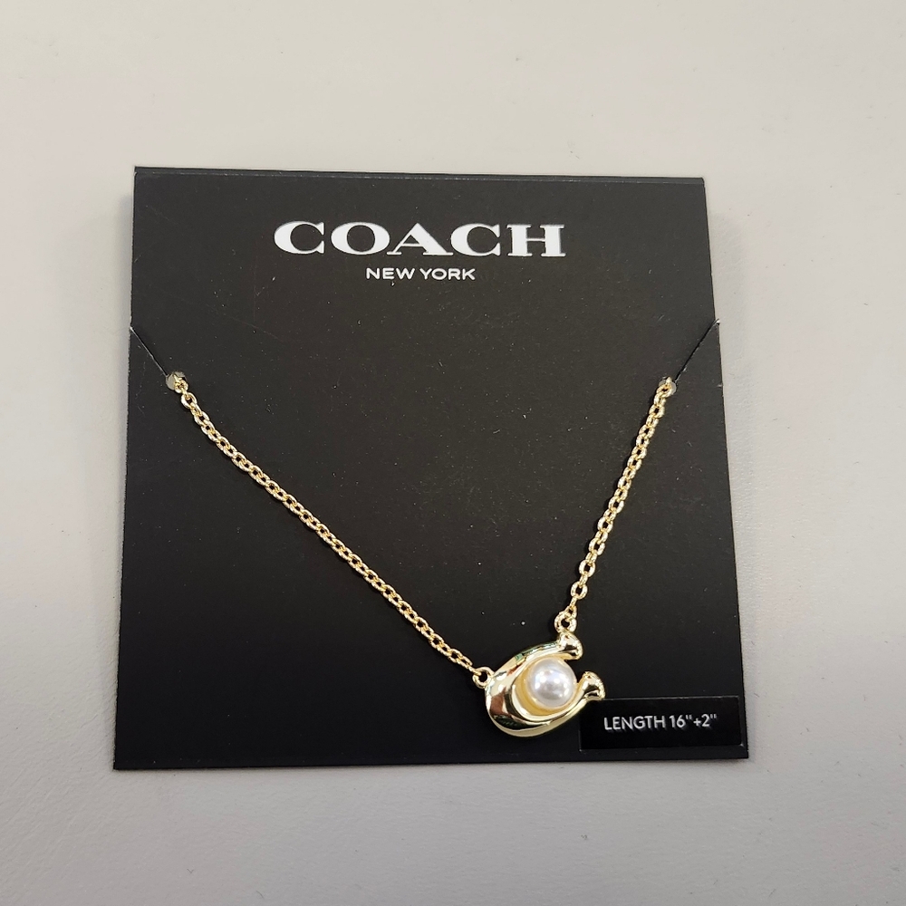 NWT Coach Gold-Tone Imitation Pearl Signature C Pendant Necklace